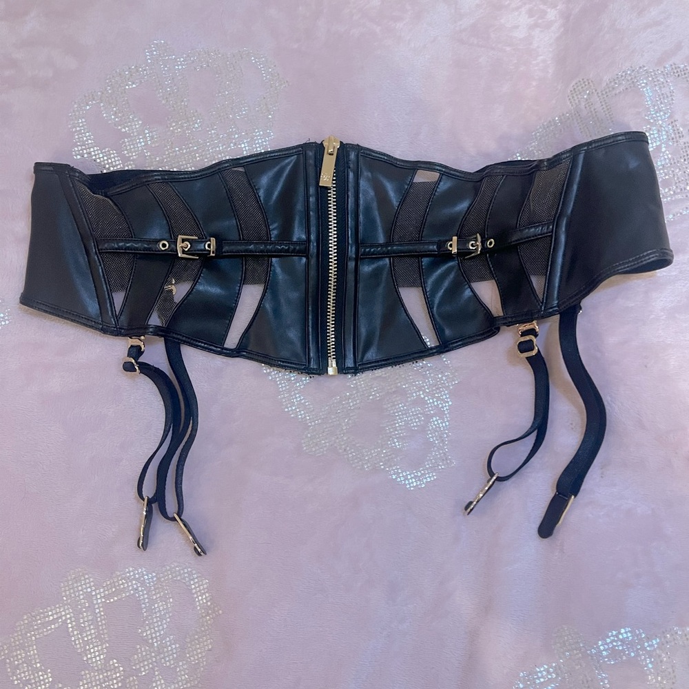 Davina Leather/sheer corset garter belt